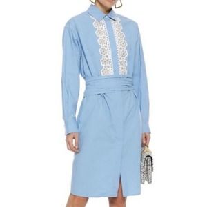Sandro Paris Blue Cox Poplin Lace Shirt Dress Long Sleeve Button Down 38 M